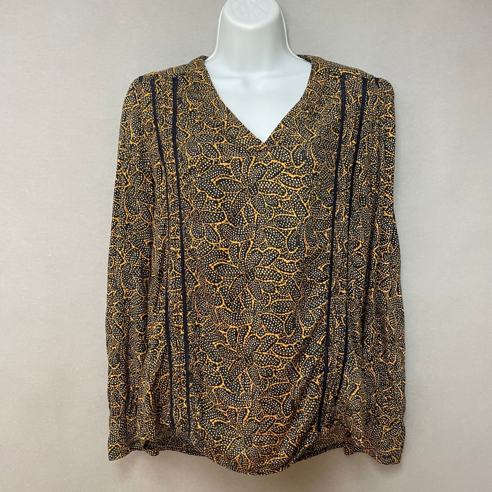 Hinge Anthropologie Blouse Floral Batik Lace Trim V-Neck Blouse Women Boho Navy